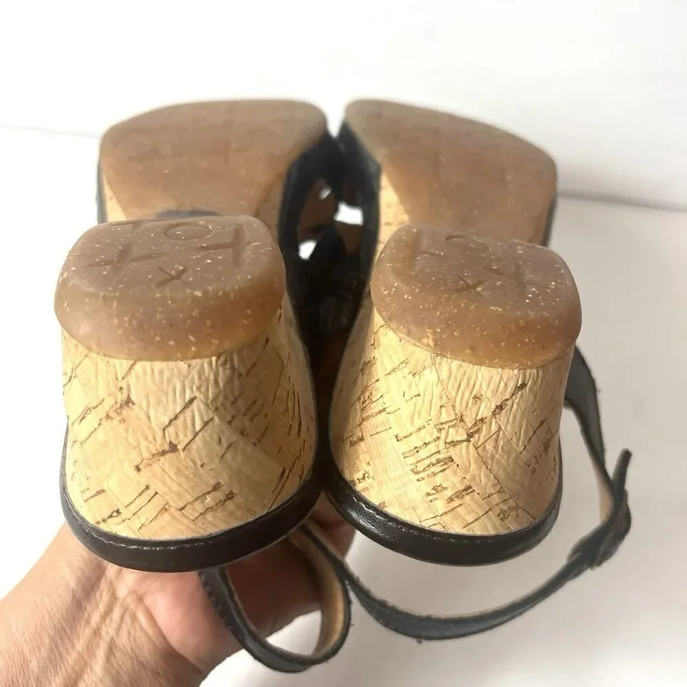 Spring Step Sandals Black Leather Cork Heel Sling Back Women Sz EU 42 US 11.5-12